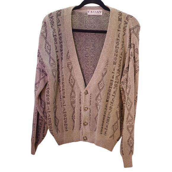 Vintage 90s Cassan Men's Large Cardigan Sweater Grandpa Geometric Knit Gray - Picture 3 of 6